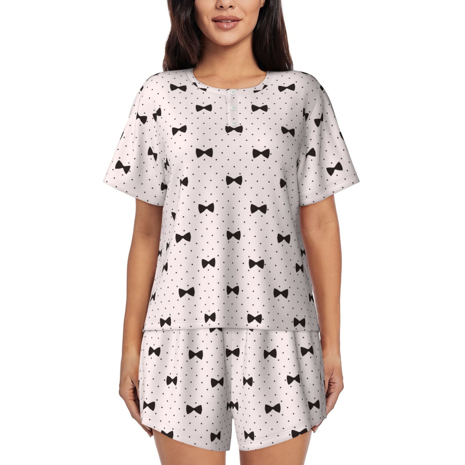 2pcs Bow Print Shirt Style Long Sleeve Pajama Set main image 1