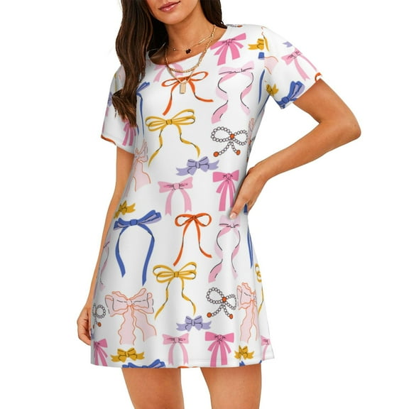 Logiee bow ribbons Print Nightgowns for Women,Soft Short-Sleeved Lightweight Sleepwear, Loose Sleepshirts