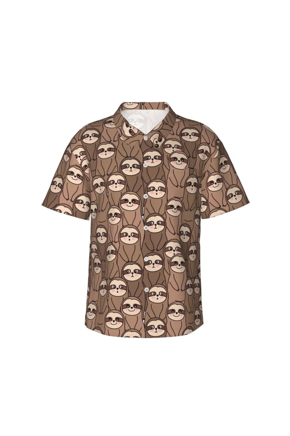 brown sloth family Print Mens Hawaiian Shirts,Loose-Fit Short Sleeve Button Down Tropical Aloha Beach Shirt,Summer Vacation Wedding Tops,Large