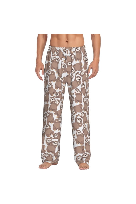 brown sloth family Print Pajama Pants for Men,Men’s Pajama Bottoms,Mens PJ Pants with Pockets & Button Fly-Large