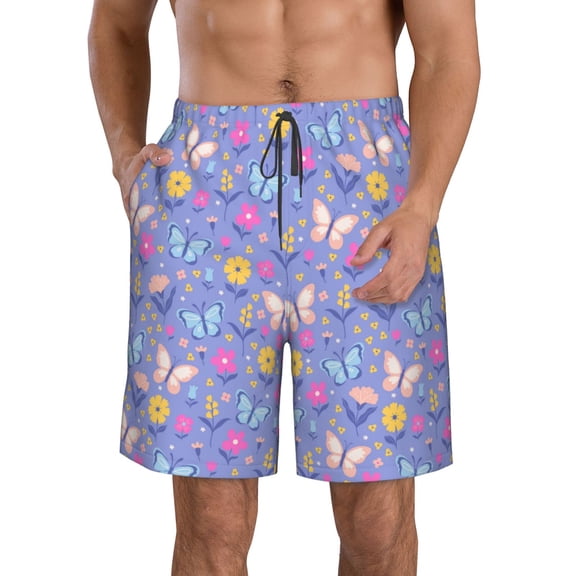 Logiee butterflies and flowers Print Mens Swim Trunks Quick Dry Board Shorts,Breathable Hawaii Beach Shorts Swimwear Bathing Suits-Medium