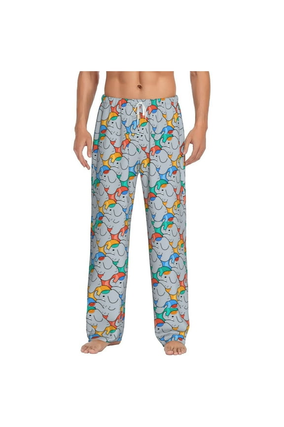 cartoon Elephant Print Pajama Pants for Men,Men’s Pajama Bottoms,Mens PJ Pants with Pockets & Button Fly-Large