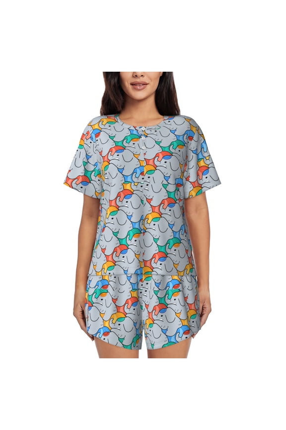 cartoon Elephant Print Womens Pajamas Set,Short-Sleeve Pajama 2 Piece Sleepwear with Pockets-Small