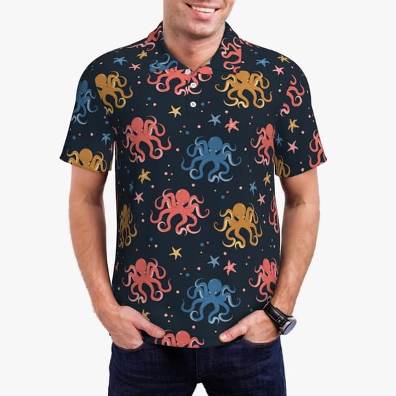 Logiee cartoon doodle octopus Print Mens Polo Shirts,Mens Golf Polo Shirts,Short Sleeve Casual Polo Shirts for Men,Summer Fashion Beach Shirts-XX-Large