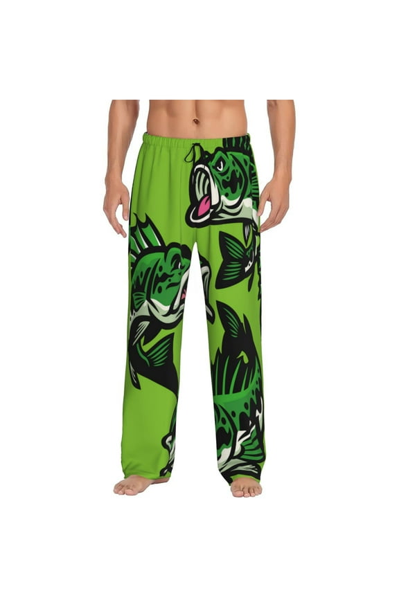 cartoon largemouth bass fish Print Pajama Pants for Men,Men’s Pajama Bottoms,Mens PJ Pants with Pockets & Button Fly-Large