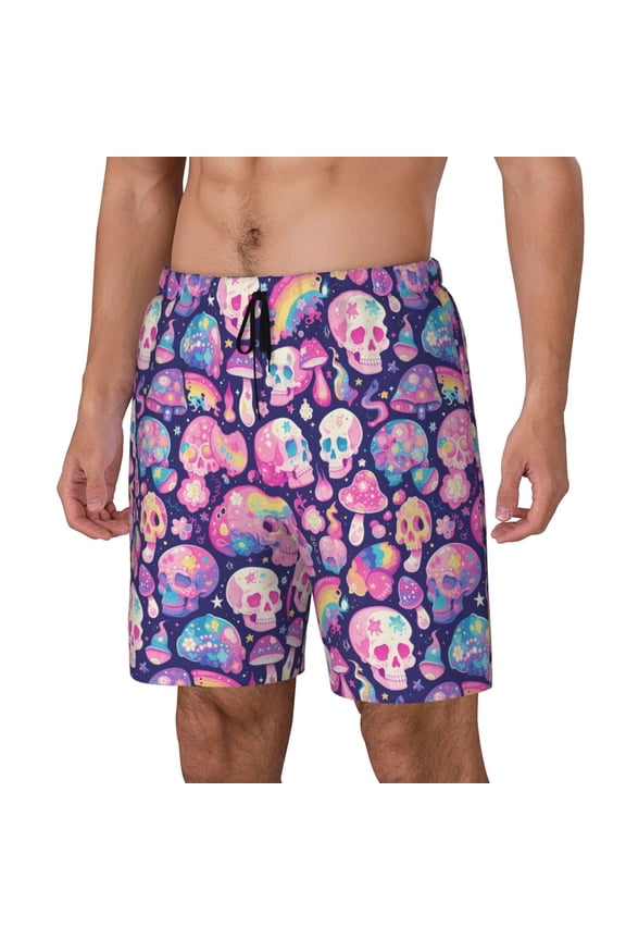 cartoon rainbow Skull Print Men's Swim Trunk,Quick Dry Board Shorts ,Men's Swim Trunks with Compression Liner, Bathing Suits with Pockets-Medium