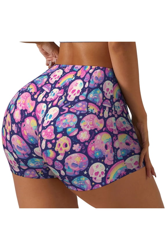 cartoon rainbow Skull Print Women's Biker Shorts,Workout Gym Shorts,Scrunch Shorts,Tummy Control Hidden Scrunch Running Yoga Shorts-Medium
