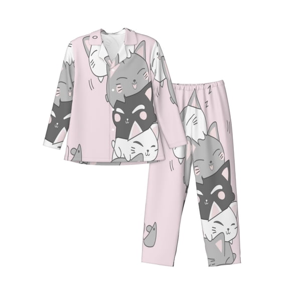 Logiee cat Print Mens Long Sleeve Pajama Set,Notched Collar Pajamas for Men, Men's Sleepwear,Mens Sleepwear with Pockets & Button Down-Large
