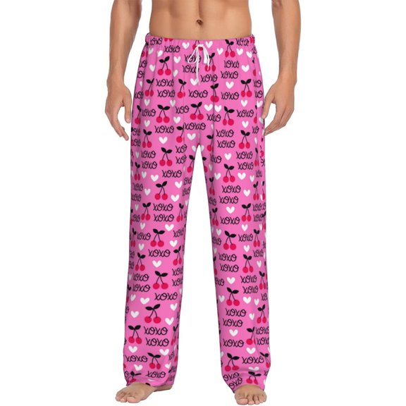 Logiee cherry Print Pajama Pants for Men,Men’s Pajama Bottoms,Mens PJ Pants with Pockets & Button Fly-Small