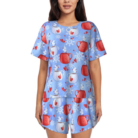 Logiee coffee love cup winter Print Womens Pajamas Set,Short-Sleeve Pajama 2 Piece Sleepwear with Pockets-Medium