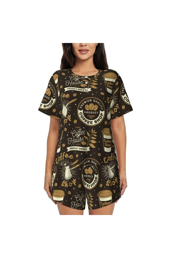 coffee shop house Print Womens Pajamas Set,Short-Sleeve Pajama 2 Piece Sleepwear with Pockets-Small