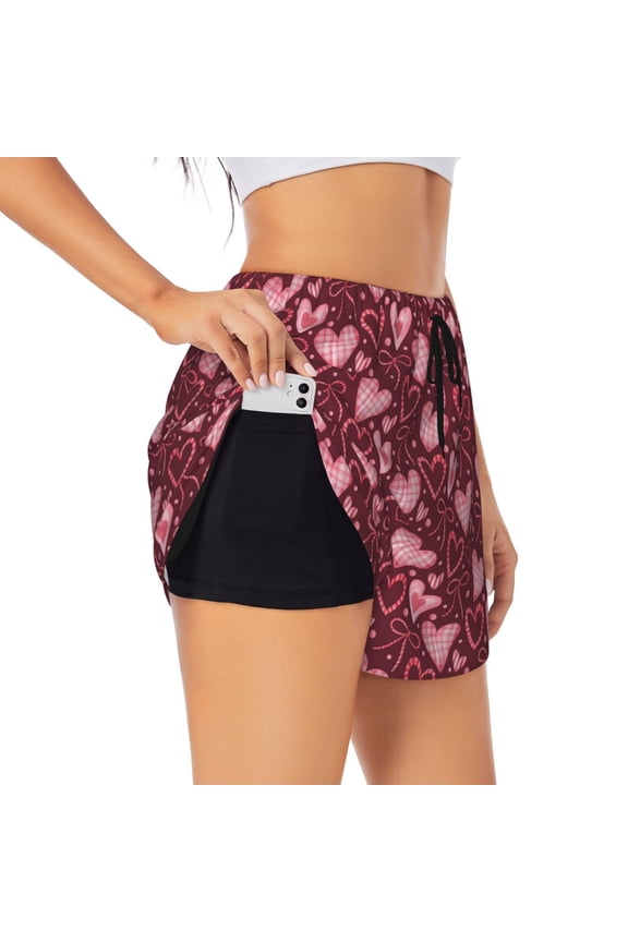 colorful Heart Print Women 2 in 1 Running Shorts,High Waisted Athletic Shorts,Gym Workout Shorts with Liner Pockets-X-Large