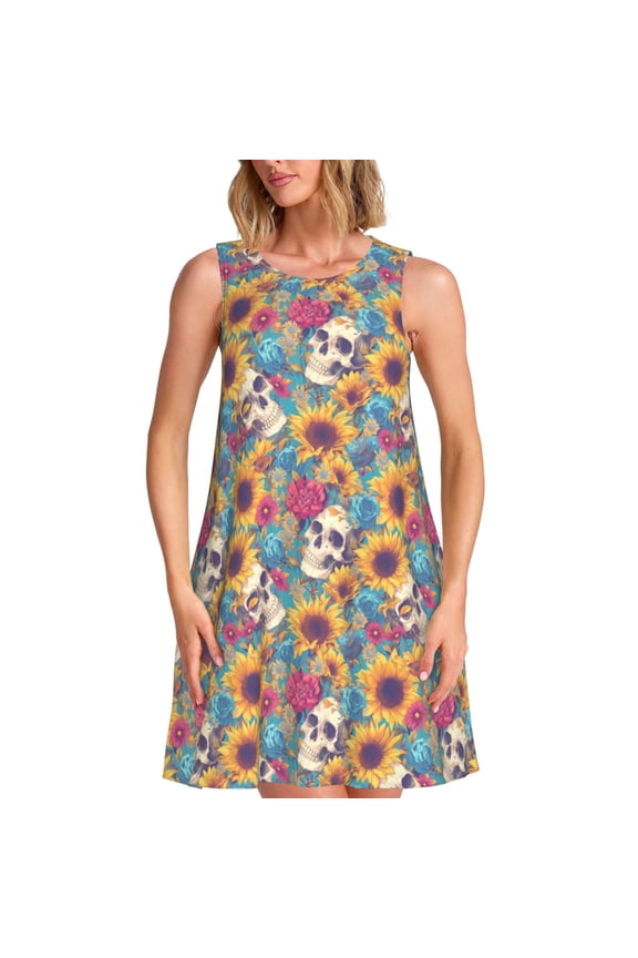 colorful Skull sunflower Print Summer Dresses for Women,Beach Sleeveless Flowy Pocket Tshirt Tank Sundresses,Women's Sleeveless Dress