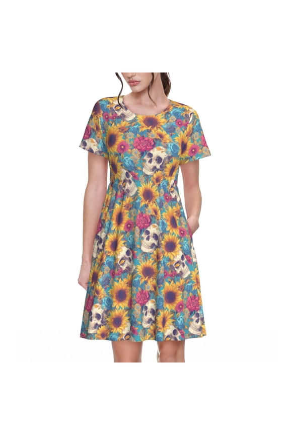 colorful Skull sunflower Print Womens Summer Dress,Casual Short Sleeve Sundresses,Beach A-line Shift Dress with Pockets
