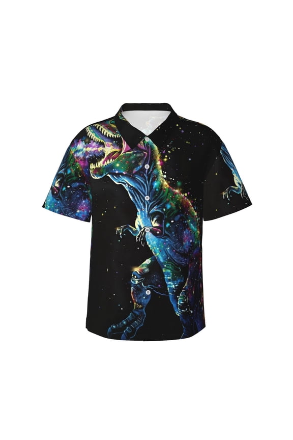 colorful flames dinosaur Print Mens Hawaiian Shirts,Loose-Fit Short Sleeve Button Down Tropical Aloha Beach Shirt,Summer Vacation Wedding Tops,Small