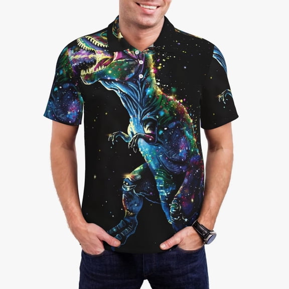 Logiee colorful flames dinosaur Print Mens Polo Shirts,Mens Golf Polo Shirts,Short Sleeve Casual Polo Shirts for Men,Summer Fashion Beach Shirts-Large