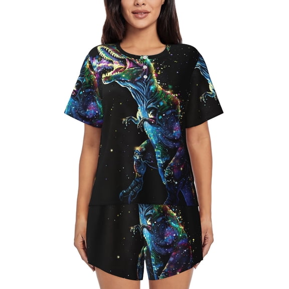 Logiee colorful flames dinosaur Print Womens Pajamas Set,Short-Sleeve Pajama 2 Piece Sleepwear with Pockets-3X-Large