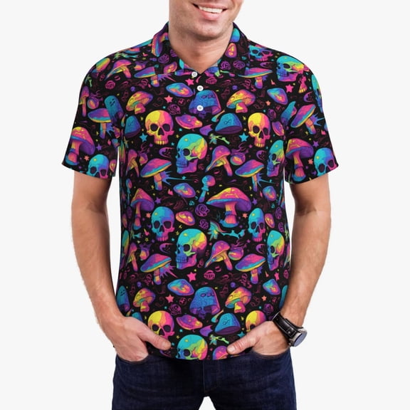 Logiee colorful mushroom Skull Print Mens Polo Shirts,Mens Golf Polo Shirts,Short Sleeve Casual Polo Shirts for Men,Summer Fashion Beach Shirts-XX-Large