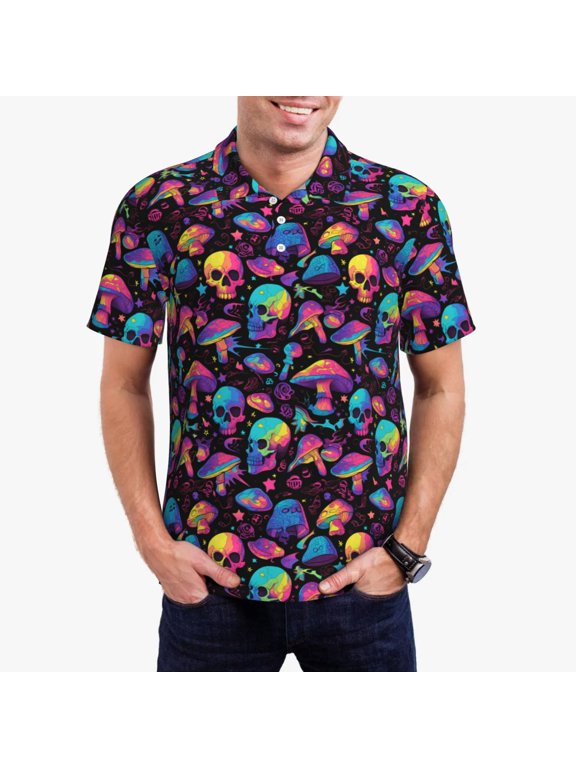 colorful mushroom Skull Print Mens Polo Shirts,Mens Golf Polo Shirts,Short Sleeve Casual Polo Shirts for Men,Summer Fashion Beach Shirts-XX-Large