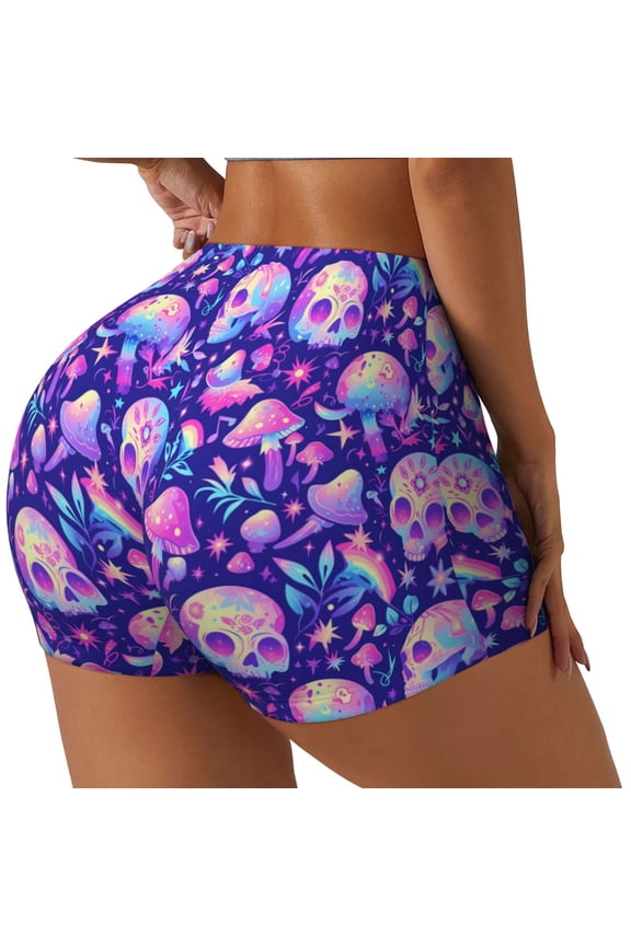 colorful mushroom Skull rainbow Print Women's Biker Shorts,Workout Gym Shorts,Scrunch Shorts,Tummy Control Hidden Scrunch Running Yoga Shorts-XX-Large