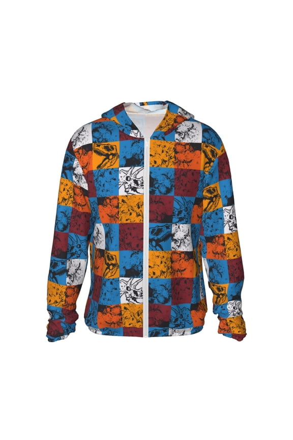 colorful plaid Dinosaur Print Men's Women Light Jacket Full Zip Sun Protection Hoodie Long Sleeve Sun Shirts for Men Hiking Fishing Zip Pockets-XX-Large