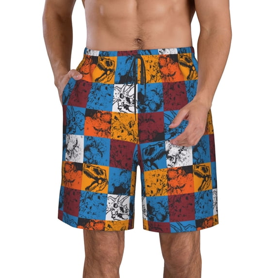 Logiee colorful plaid Dinosaur Print Mens Swim Trunks Quick Dry Board Shorts,Breathable Hawaii Beach Shorts Swimwear Bathing Suits-Medium
