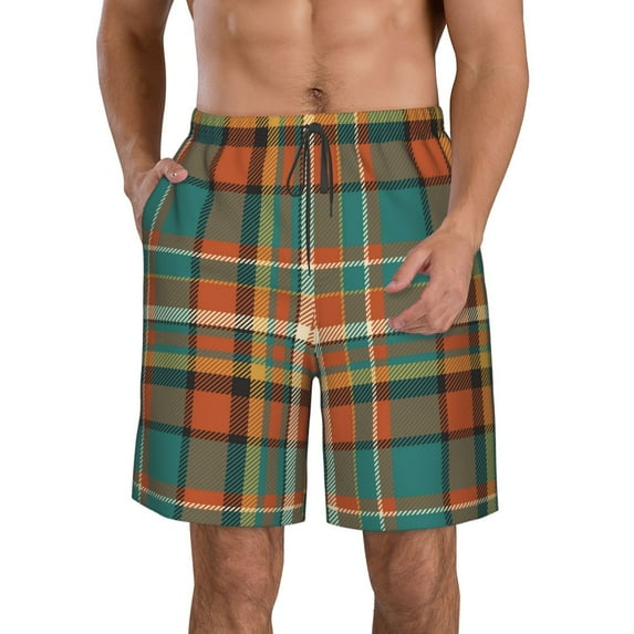 Logiee colorful plaid Print Mens Swim Trunks Quick Dry Board Shorts,Breathable Hawaii Beach Shorts Swimwear Bathing Suits-Large