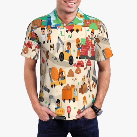 Logiee construction road work landscape Print Mens Polo Shirts,Mens Golf Polo Shirts,Short Sleeve Casual Polo Shirts for Men,Summer Fashion Beach Shirts-Large