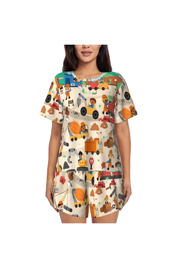 construction road work landscape Print Womens Pajamas Set,Short-Sleeve Pajama 2 Piece Sleepwear with Pockets-Small