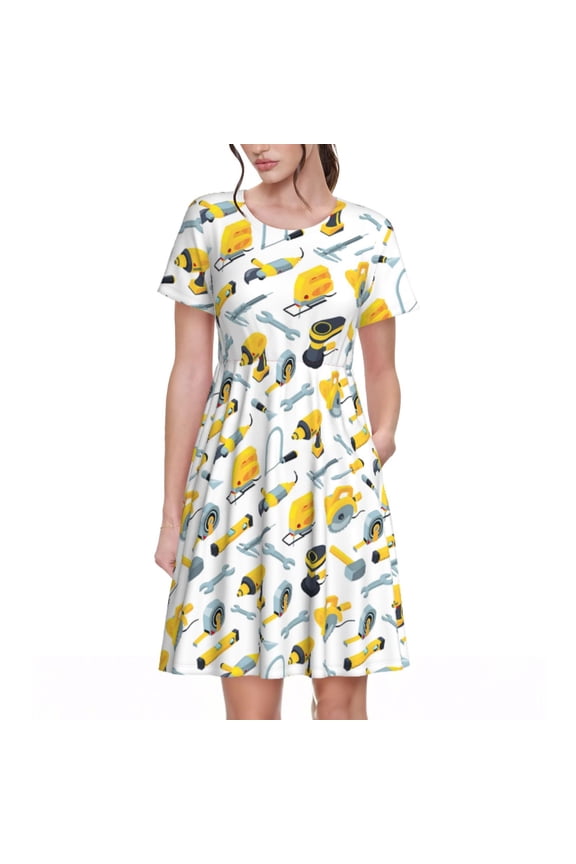construction tools Print Womens Summer Dress,Casual Short Sleeve Sundresses,Beach A-line Shift Dress with Pockets