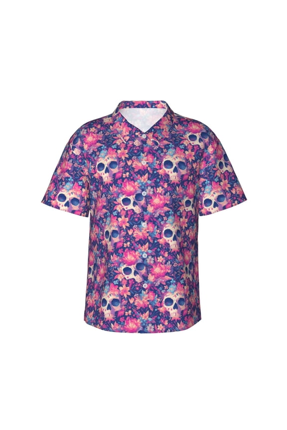 cool Skull flower colorful Print Mens Hawaiian Shirts,Loose-Fit Short Sleeve Button Down Tropical Aloha Beach Shirt,Summer Vacation Wedding Tops,Large