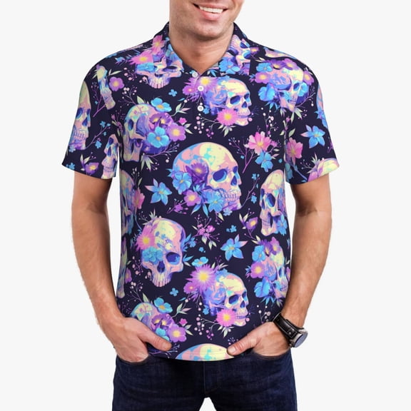 Logiee cool flower Skull Print Mens Polo Shirts,Mens Golf Polo Shirts,Short Sleeve Casual Polo Shirts for Men,Summer Fashion Beach Shirts-Large
