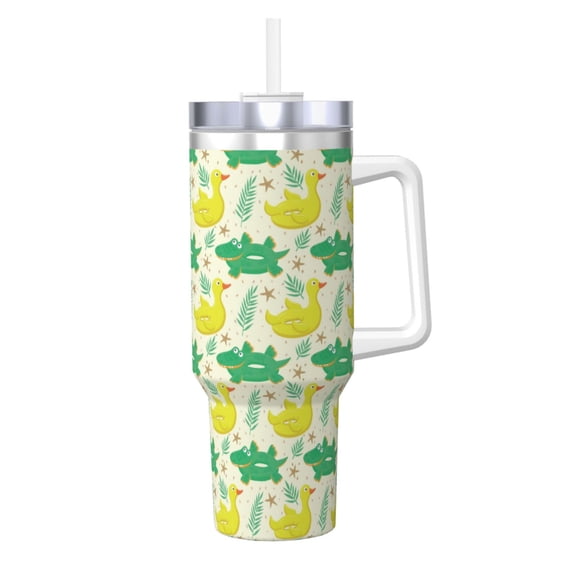 Logiee crocodile and duck Print 40OZ Ice Bully Cup with Handle and Straw, Double Wall Stainless Steel Tumbler,Travel Coffee Cup with Lid, Summer Insulation and Cooling Cup