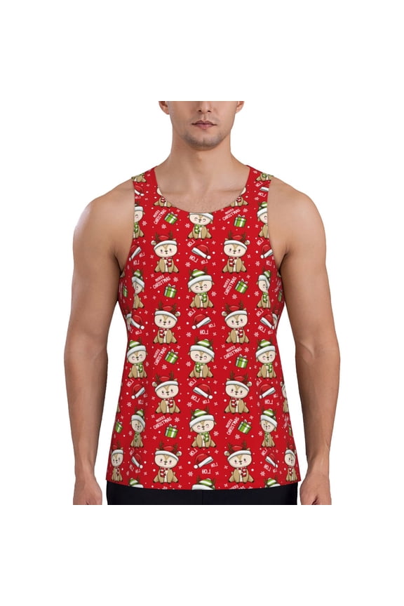 cute Christmas Moose Print Men's Workout Tank Top,Quick Dry Workout Tank Top,Gym Muscle Tee,Fitness Bodybuilding Sleeveless T Shirt-Medium