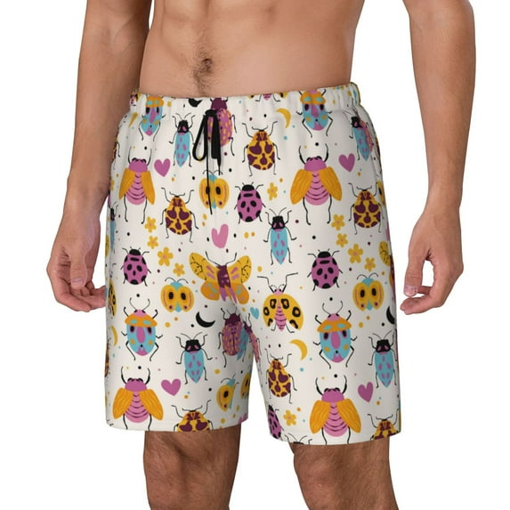 Logiee cute bugs Print Men's Swim Trunk,Quick Dry Board Shorts ,Men's Swim Trunks with Compression Liner, Bathing Suits with Pockets-3X-Large