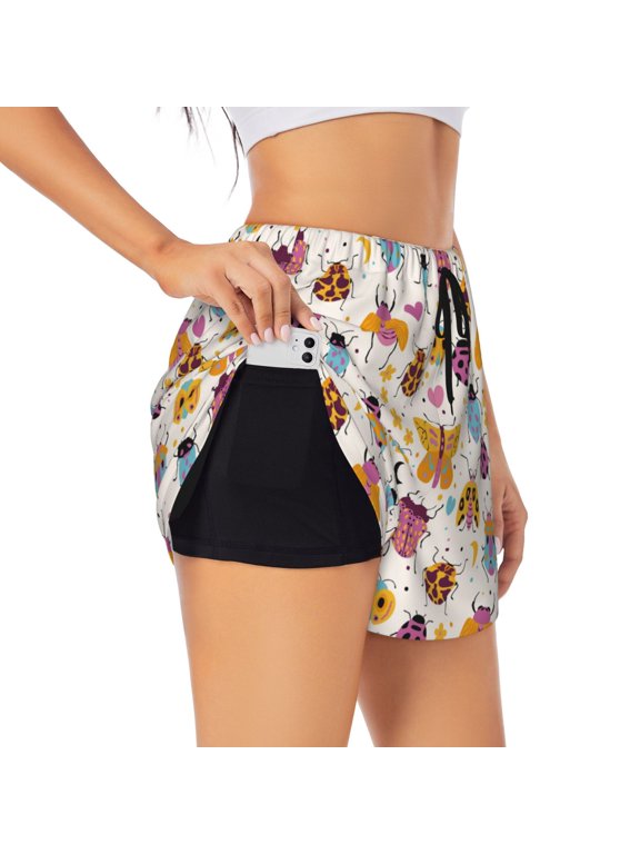 cute bugs Print Women 2 in 1 Running Shorts,High Waisted Athletic Shorts,Gym Workout Shorts with Liner Pockets-Medium