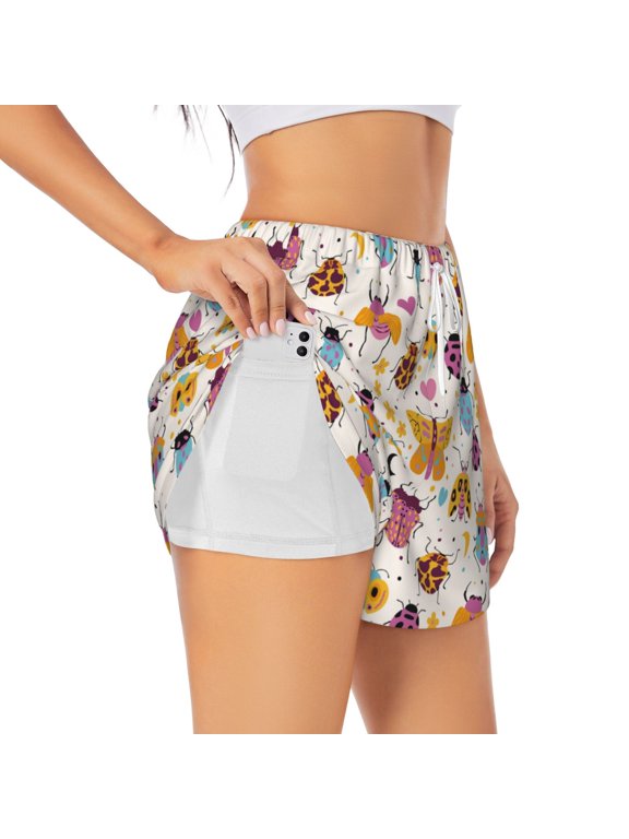cute bugs Print Women 2 in 1 Running Shorts,High Waisted Athletic Shorts,Gym Workout Shorts with Liner Pockets-X-Large