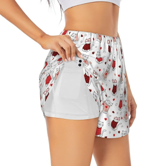 Logiee cute cat hearts Print Women 2 in 1 Running Shorts,High Waisted Athletic Shorts,Gym Workout Shorts with Liner Pockets-Large