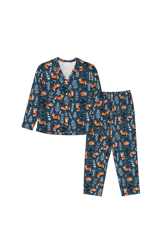cute fall fox Print Womens Pajamas Set,Long Sleeve Sleepwear,Button Down Lounge Set 2 Pieces,Soft Nightwear Pjs Set-Medium