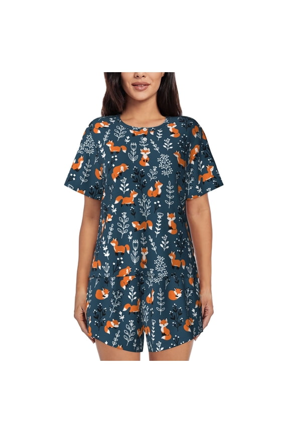 cute fall fox Print Womens Pajamas Set,Short-Sleeve Pajama 2 Piece Sleepwear with Pockets-Large