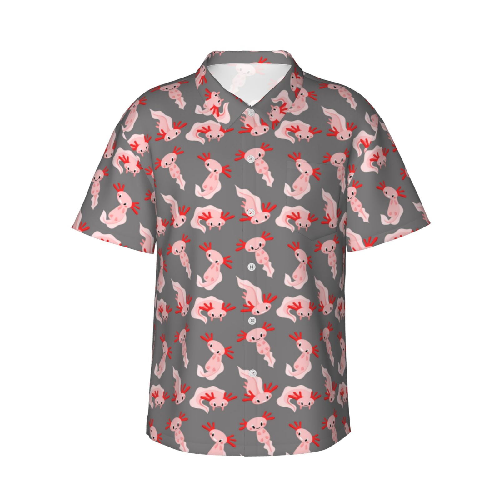 Logiee cute pink axolotl Print Mens Hawaiian Shirts,Loose-Fit Short Sleeve Button Down Tropical Aloha Beach Shirt,Summer Vacation Wedding Tops,Medium