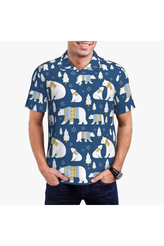 cute winter bear Print Mens Polo Shirts,Mens Golf Polo Shirts,Short Sleeve Casual Polo Shirts for Men,Summer Fashion Beach Shirts-Medium