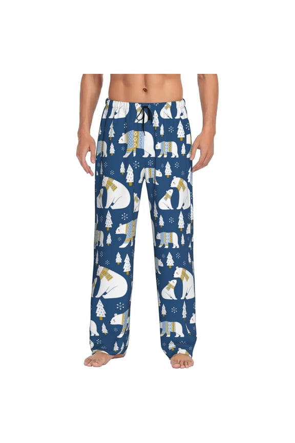 cute winter bear Print Pajama Pants for Men,Men’s Pajama Bottoms,Mens PJ Pants with Pockets & Button Fly-Large