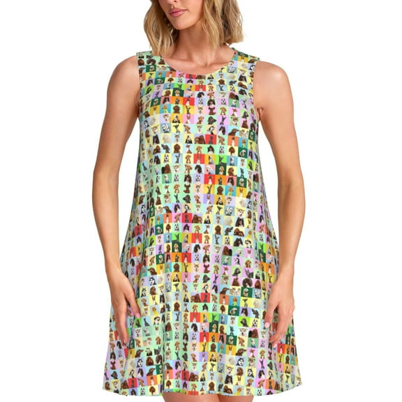 Logiee dogs collage Print Summer Dresses for Women,Beach Sleeveless Flowy Pocket Tshirt Tank Sundresses,Women's Sleeveless Dress