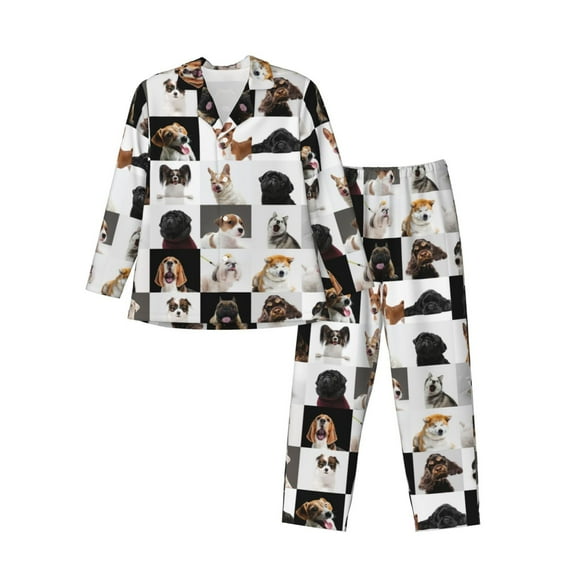 Logiee dogs pets collage Print Mens Long Sleeve Pajama Set,Notched Collar Pajamas for Men, Men's Sleepwear,Mens Sleepwear with Pockets & Button Down-Large