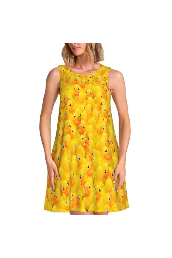 duck floating in the pool Print Summer Dresses for Women,Beach Sleeveless Flowy Pocket Tshirt Tank Sundresses,Women's Sleeveless Dress
