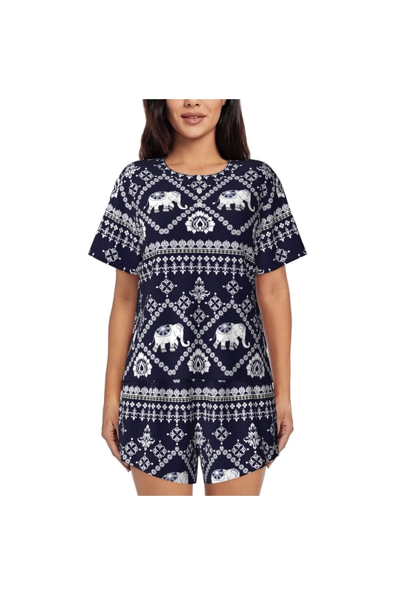 elephants Print Womens Pajamas Set,Short-Sleeve Pajama 2 Piece Sleepwear with Pockets-Small