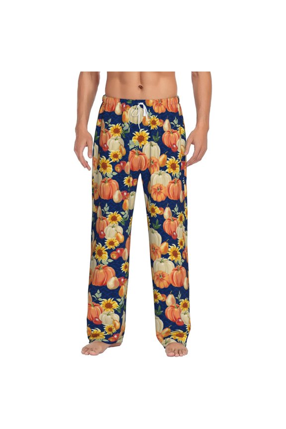 fall Pumpkin Daisy Print Pajama Pants for Men,Men’s Pajama Bottoms,Mens PJ Pants with Pockets & Button Fly-Medium