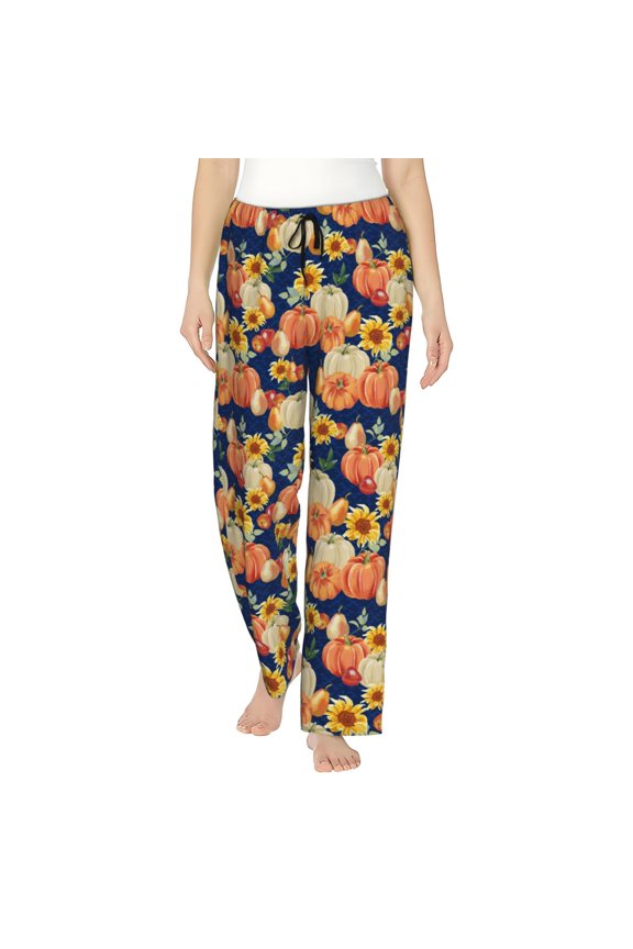 fall Pumpkin Daisy Print Women Pajama Pants,Comfy Pj Bottom with Pockets & Drawstring,Stretch Casual Sleepwear-Small
