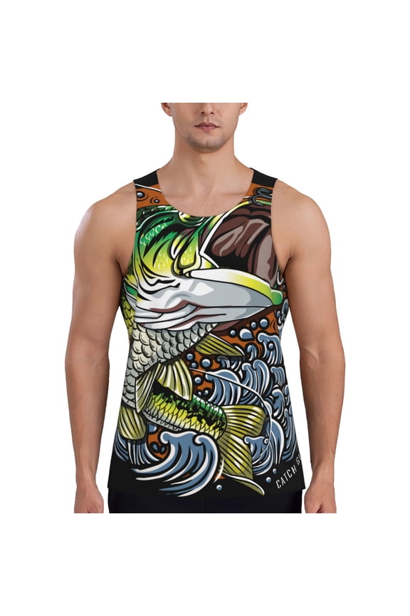 fishing bass Print Men's Workout Tank Top,Quick Dry Workout Tank Top,Gym Muscle Tee,Fitness Bodybuilding Sleeveless T Shirt-X-Large